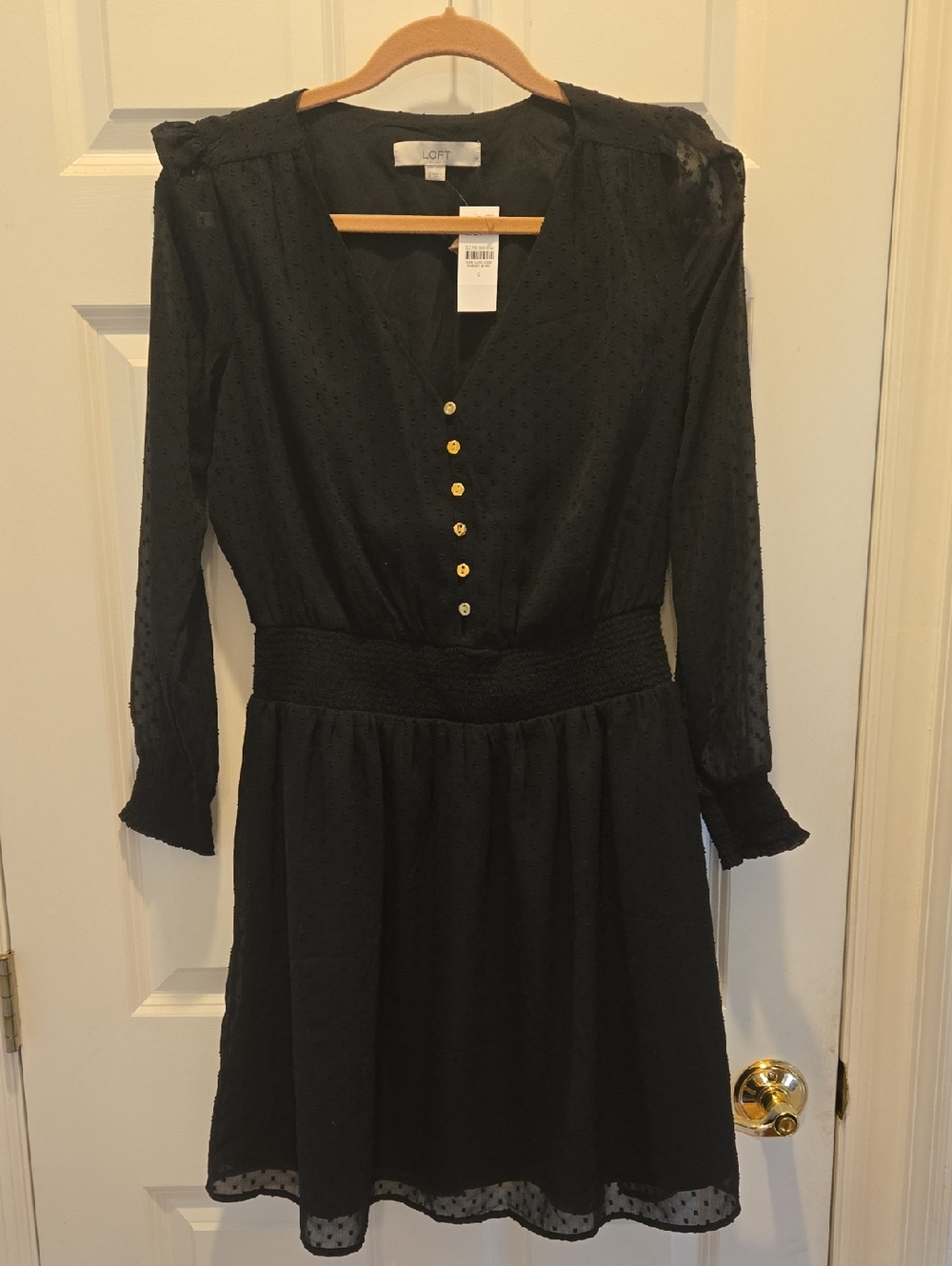 NWT LOFT Small V Neck Black Long Sleeve Smocked-Waist Mini Dress
